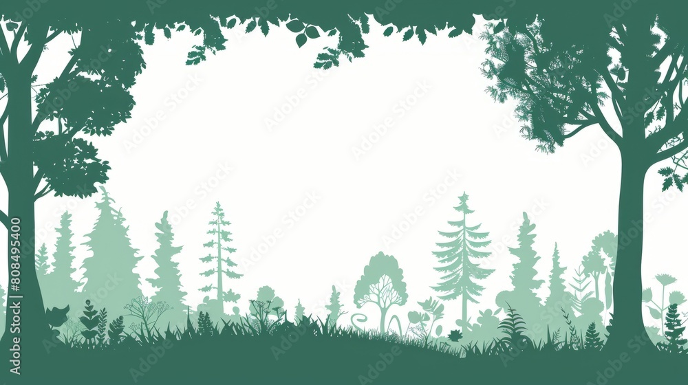 A dense forest with tall trees and green grass under a clear sky. Copy space.