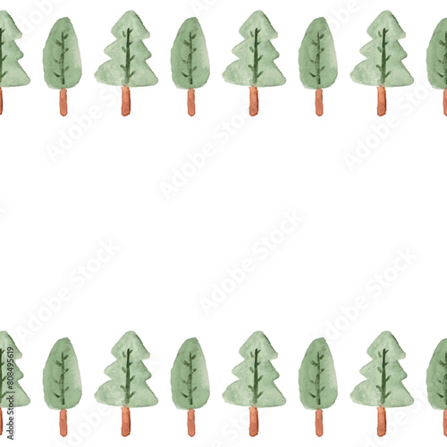 絵本風のかわいい森のイラスト、ベクター素材、フレーム、水彩風、手書き風