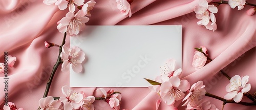 A blank card with a dainty frame of cherry blossoms, lying flat on a soft pink fabric for a spring feel photo