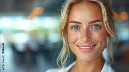 A woman with blonde hair and blue eyes is smiling