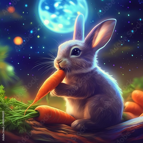 달을 보며 당근을 먹고 있는 귀여운 토끼 photo