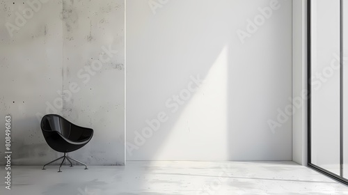 minimalist empty space concept with a black chair and metal leg against a white wall and floor