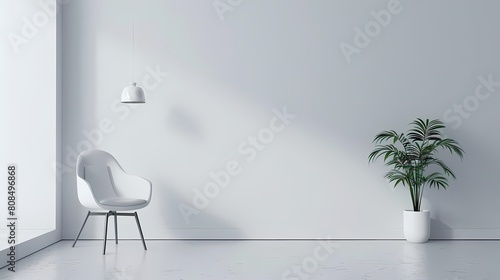 minimalist empty space concept with a white chair and green plant on a white floor, illuminated by a hanging light, against a white wall