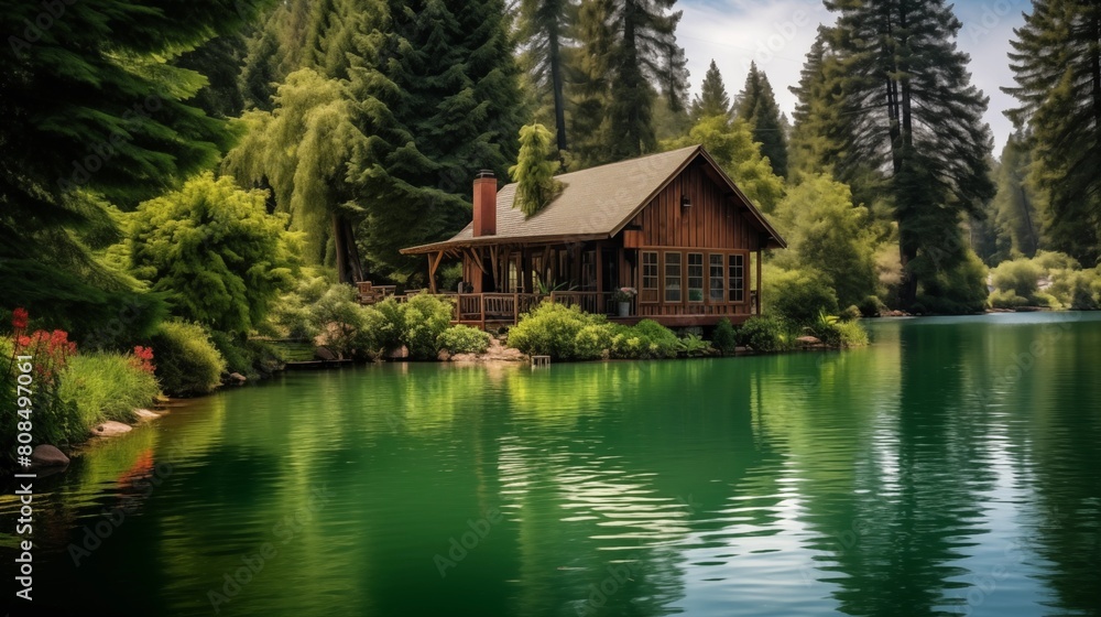 Quaint Cabin Nestled Amidst Lush Greenery by the Lake