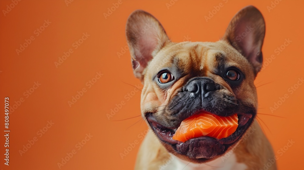 Cheerful Canine Feasting on Salmon Against Vivid Background