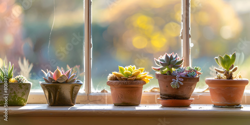 Plantas de casa em um parapeito ensolarado photo