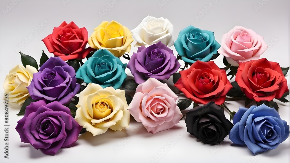 Red, Pink, Purple, Blue, Green, Yellow, Black, and White roses are among the colors in the rose set. Red, Pink, Purple, Blue, Green, Yellow, Black, and White roses are among the colors in the rose set.