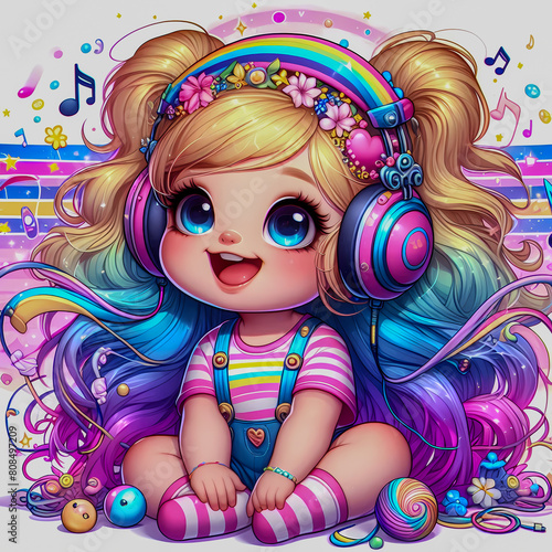 Digital art vibrant colorful cute baby smiling wearing headphones vibin to music