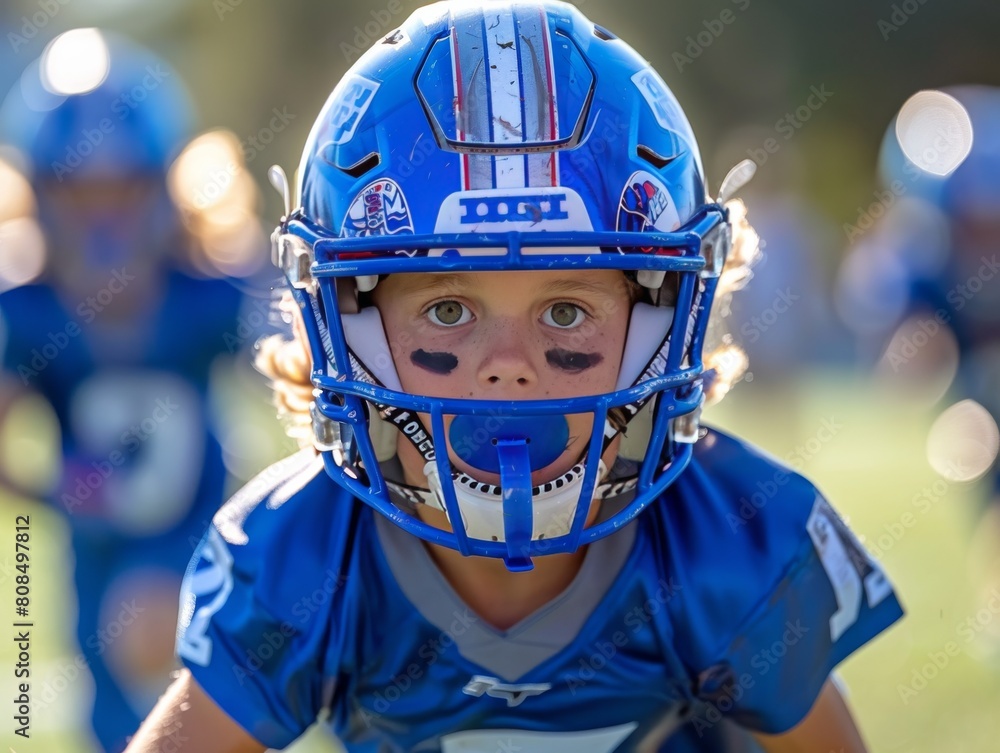 A young football player wearing a blue helmet and jersey A young football player wearing a blue helmet and jersey
