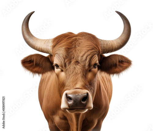Wild ox or bull head close up with big horns, front view, isolated on transparent background