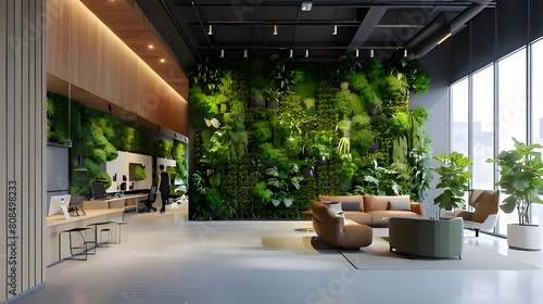 Green, office setting, sustainable office space. Future enviroment friendly office rooms, friendly office enviroment
