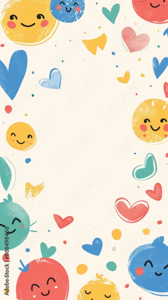 Numerous hearts and smiley faces displayed on a white background, suitable for International Day of Happiness celebrations. Copy space. Numerous hearts and smiley faces displayed on a white background, suitable for International Day of Happiness celebrations. Copy space.