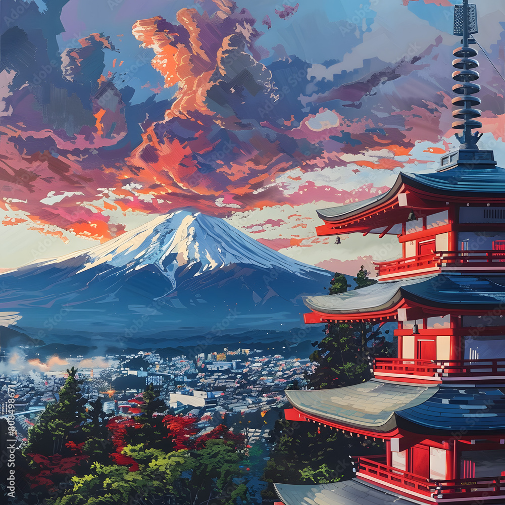 Obraz premium A traditional Japanese temple with a pagoda roof soars towards a clear morning sky in Kyoto , generative AI