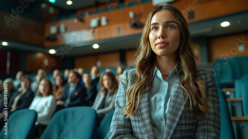 A woman in a gray jacket sits in a theater with a crowd of people