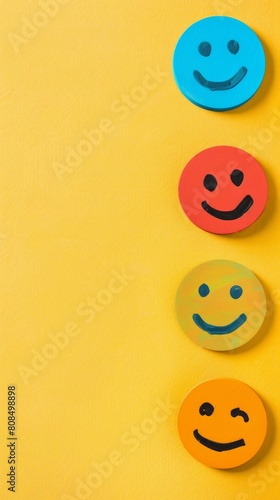 Group of smiley face magnets arranged on a yellow surface. International Day of Happiness. Copy space.
