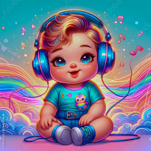 Digital art vibrant colorful cute baby smiling wearing headphones vibin to music