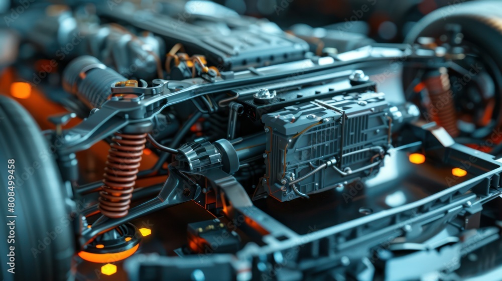 electric vehicle's powertrain system, showcasing the intricate arrangement of components like the battery pack, electric motor, and power electronics. electric vehicle's powertrain system, showcasing the intricate arrangement of components like the battery pack, electric motor, and power electronics.