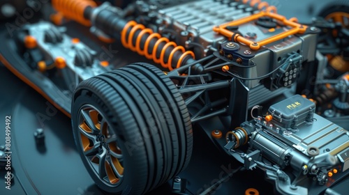 electric vehicle's powertrain system, showcasing the intricate arrangement of components like the battery pack, electric motor, and power electronics.