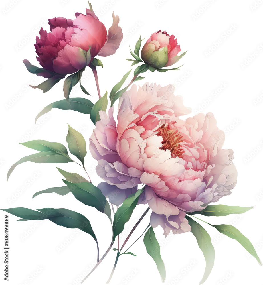 Flower Bouquet floral bunch, boho design object, element. Pink peonies, watercolor flowers on an isolated white background. Watercolor flowers clipart. Wedding stationary, greetings, wallpapers, fashi