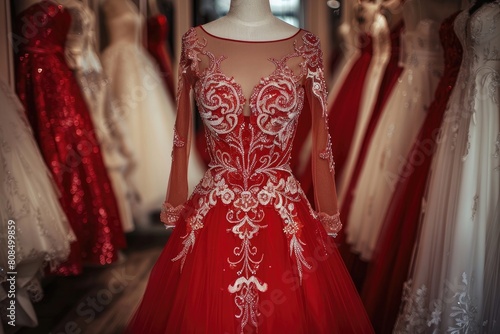 Closeup red wedding dress in bridal salon room background. Banner. Front view of stylish dress for wedding day. Beautiful clothes for bride. Copy Space. Bride elegant reception dress © Zoraiz
