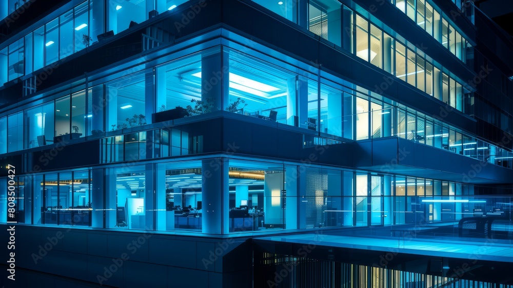 modern workplace through windows at night blue toned modern workplace through windows at night blue toned