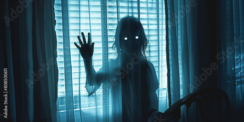 A ghost woman in house, with glowing eyes and long hair, standing behind white curtains in the dark bedroom at night,