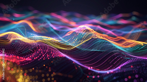 Abstract digital landscape where colorful lines curve and intersect at random, creating a mesh of connectivity. photo