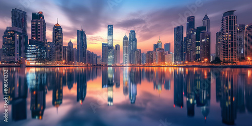 A capturing the reflection of modern city buildings shimmering on the surface of a calm river or lake during twilight photo