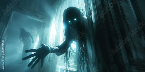 A ghost woman in house, with glowing eyes and long hair, standing behind white curtains in the dark bedroom at night,