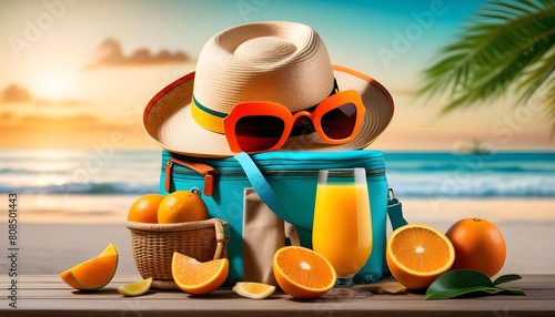 A beach with a glass of orange juice, a straw hat, and a beach bag in the background