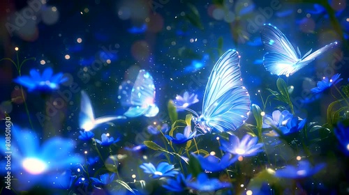 Luminescent butterflies with bioluminescent flowers. Fantasy landscape anime or cartoon style, looping 4k video animation background photo