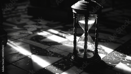 Experiment with lighting to cast dramatic shadows around the hourglass, emphasizing the urgency of time slipping away and the importance of making every moment count. photo