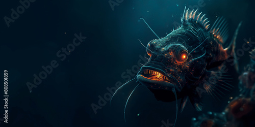 A deep-sea anglerfish lurking in the dark abyss of the ocean, with its bioluminescent lure glowing in the darkness photo