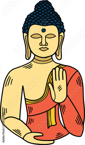 A drawing of a Buddha statue with a hand on its chest