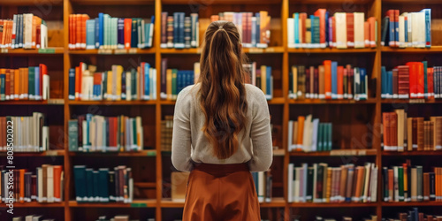 A girl stands in front of the bookshelves at her university library, looking for books to read during break time