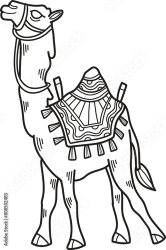 A camel is standing with a saddle on its back
