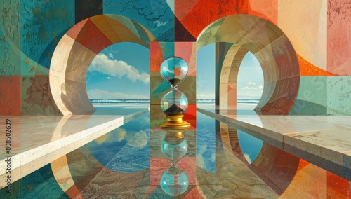Explore the use of reflections to add depth to the composition, capturing the hourglass in a mirrored surface to symbolize the cyclical nature of time and money.