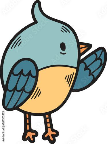 A cartoon bird with a pointed beak is standing on its hind legs