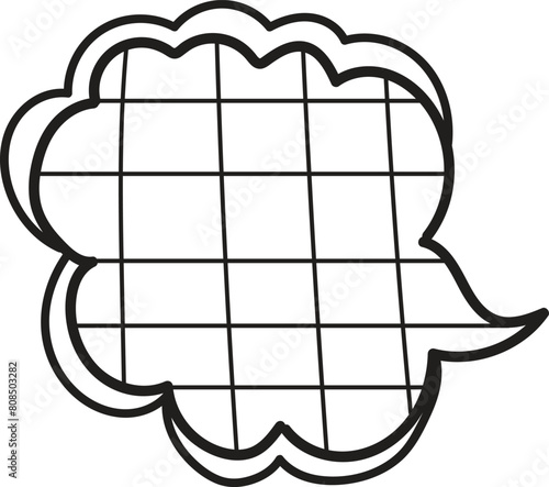 A black and white drawing of a speech bubble with dots in the middle