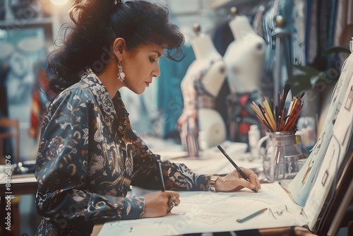 Fashion Designer Crafting 1980s Inspired Designs in a High Definition Studio Filled with Vintage Mannequins photo