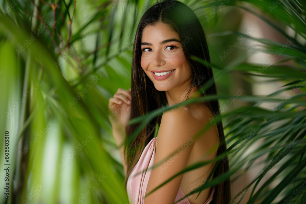a woman in a pink dress is smiling a woman in a pink dress is smiling