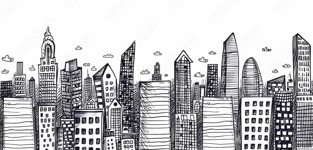 Monochrome hand-drawn cityscape doodles in a seamless pattern.