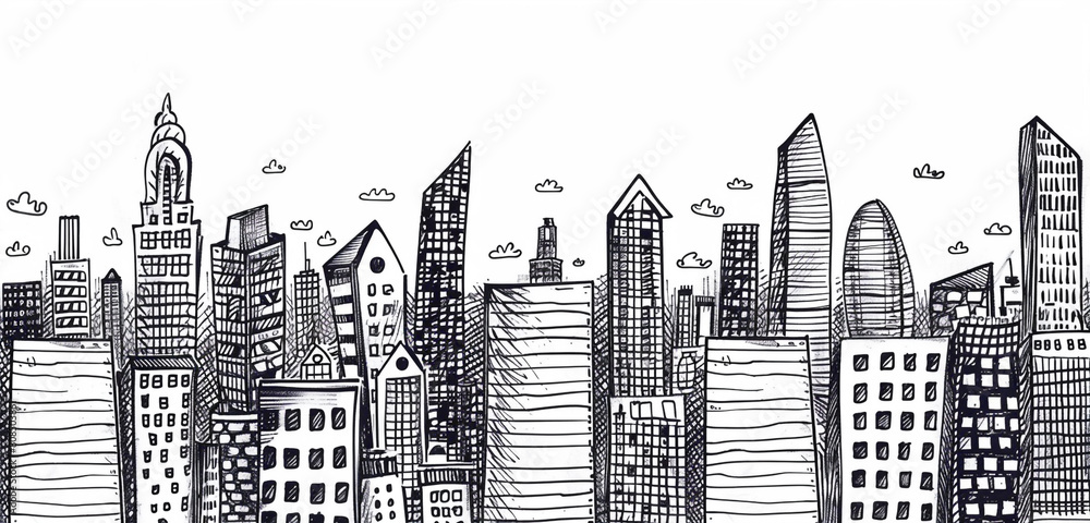 Monochrome hand-drawn cityscape doodles in a seamless pattern. Monochrome hand-drawn cityscape doodles in a seamless pattern.