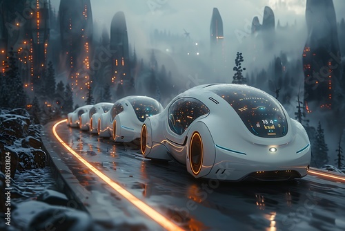 A convoy of autonomous electric vehicles gliding silently along a futuristic highway, their occupants immersed in augmented reality interfaces as they journey towards the horizon photo