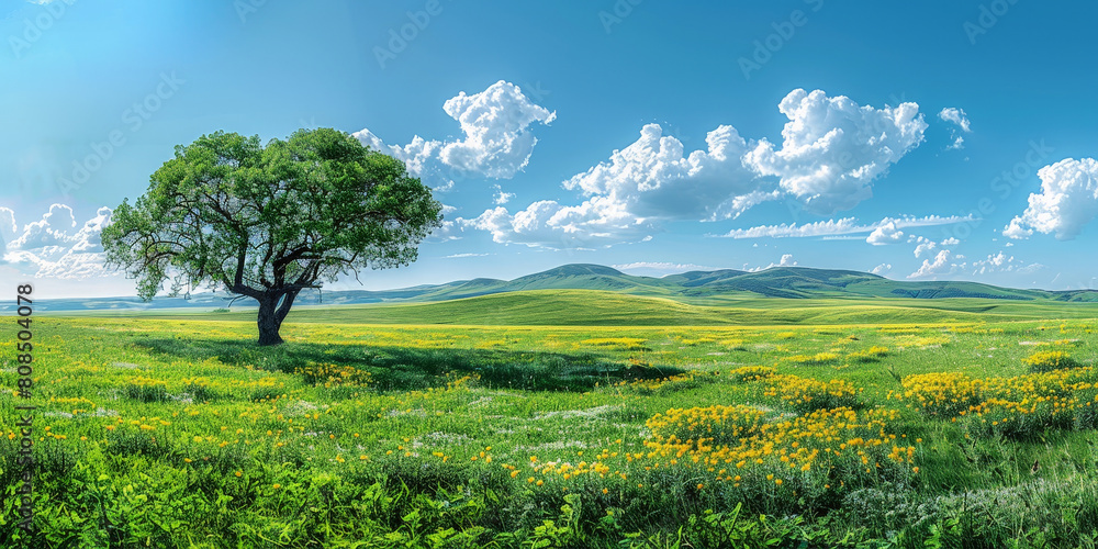 A green field with tree and a blue sky and white clouds, nature background. banner A green field with tree and a blue sky and white clouds, nature background. banner