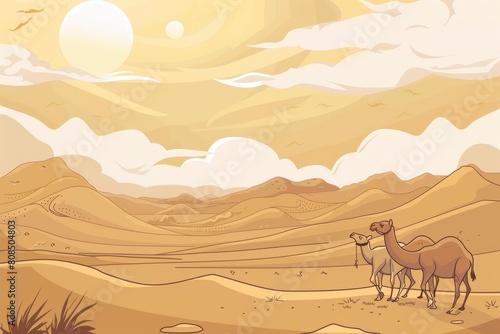 Cartoon cute doodles of a tranquil desert landscape, disrupted by a sandstorm sweeping across the dunes, with camels huddling together, Generative AI © Starlight