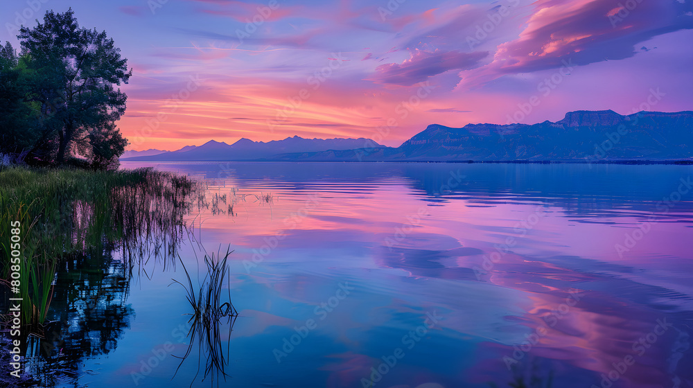 Utah's Breathtakingly Serene Lake Scenery at Sunset: A Captivating Harmony Between Sky, Water, and Land