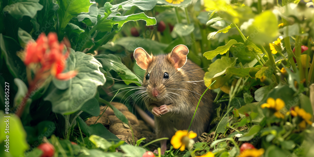 A mouse exploring a garden, with plants, flowers, and vegetables providing ample hiding spots and food sources. A mouse exploring a garden, with plants, flowers, and vegetables providing ample hiding spots and food sources.