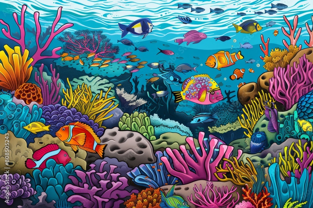 Cartoon cute doodles of a vibrant coral reef, endangered by coral bleaching caused by rising ocean temperatures, with colorful fish, Generative AI