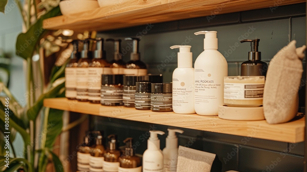 Fototapeta premium Eco-friendly beauty products displayed on a bamboo shelf